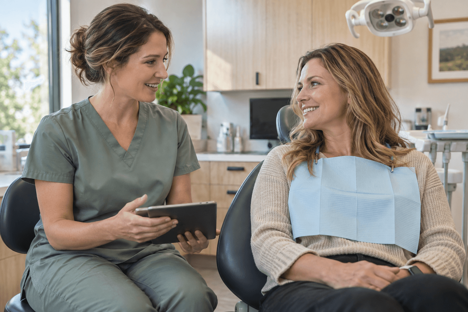 A dentist discussing care with a patient before treatment