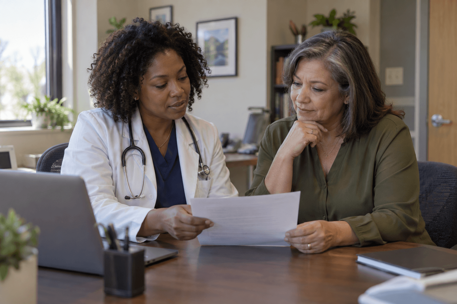A physician and practice administrator reviewing paperwork together